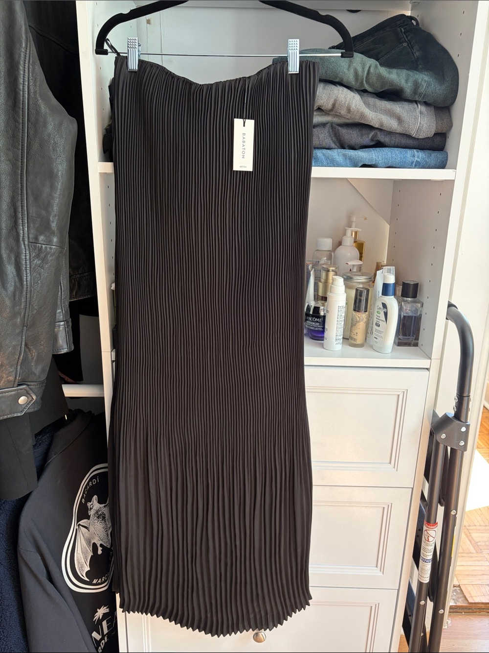 Babaton Black Pleated Midi Skirt Dress
